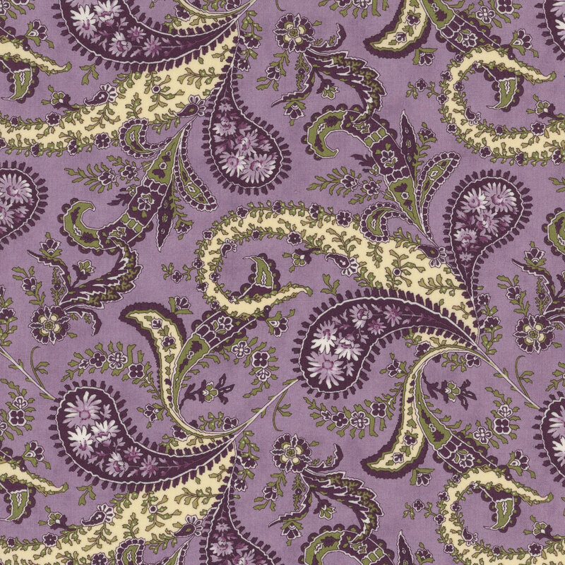 Light purple fabric with plum, green, and light tan paisley, leaves, and florals.