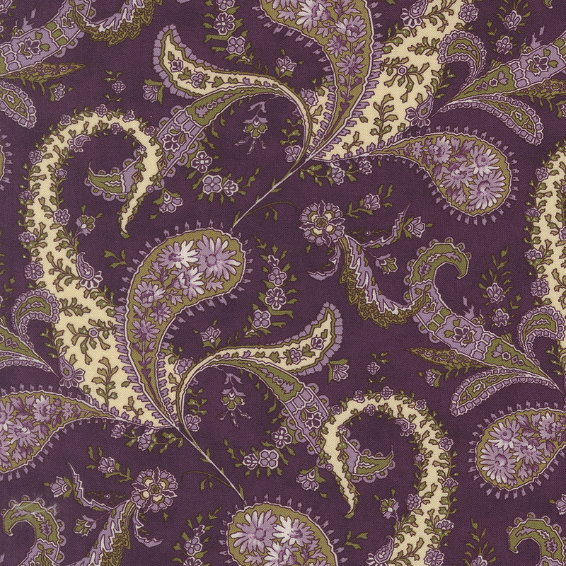 Plum purple fabric with light purple, green, and cream paisley, leaves, and florals.