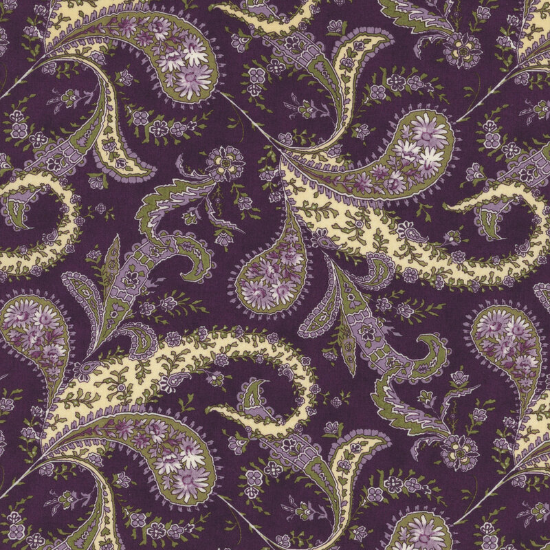 Plum purple fabric with light purple, green, and cream paisley, leaves, and florals.
