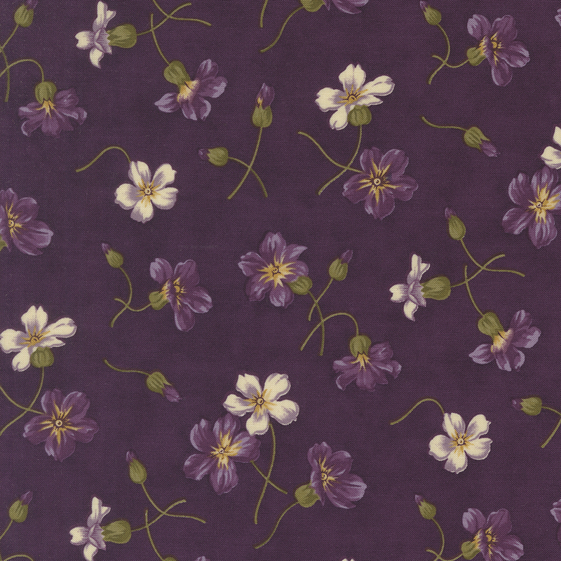 Plum purple fabric with sprigs of open and blooming purple and white flowers.