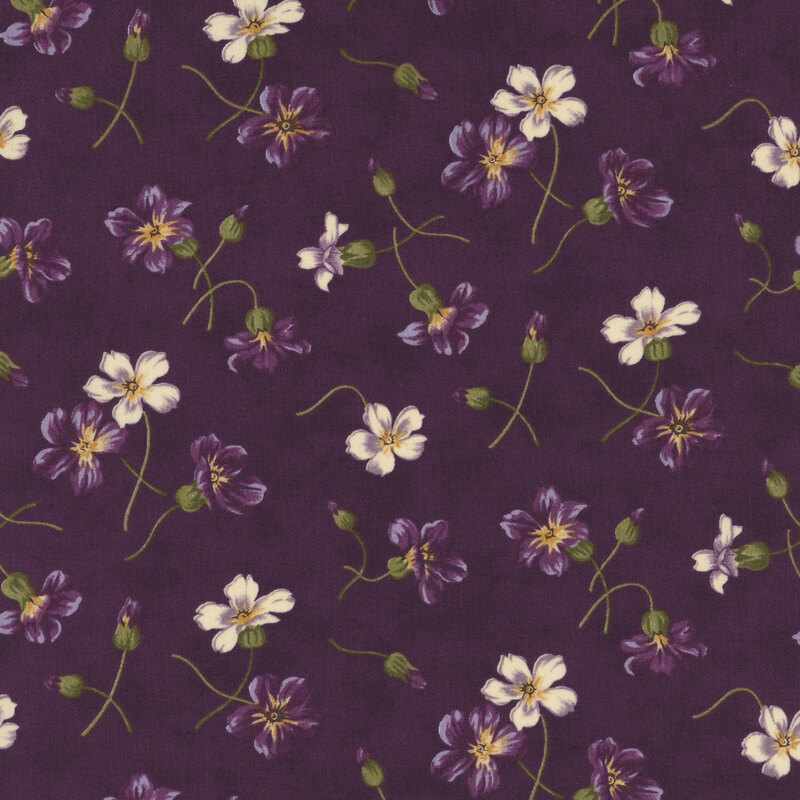 Plum purple fabric with sprigs of open and blooming purple and white flowers.