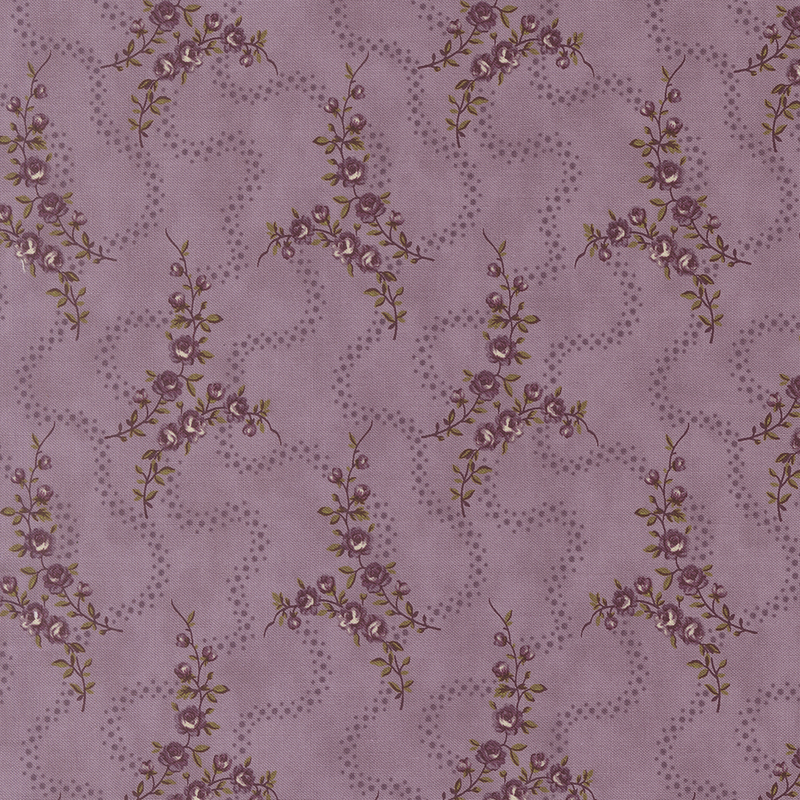 Light purple fabric with thin purple floral vines and wavy tonal dotted lines.
