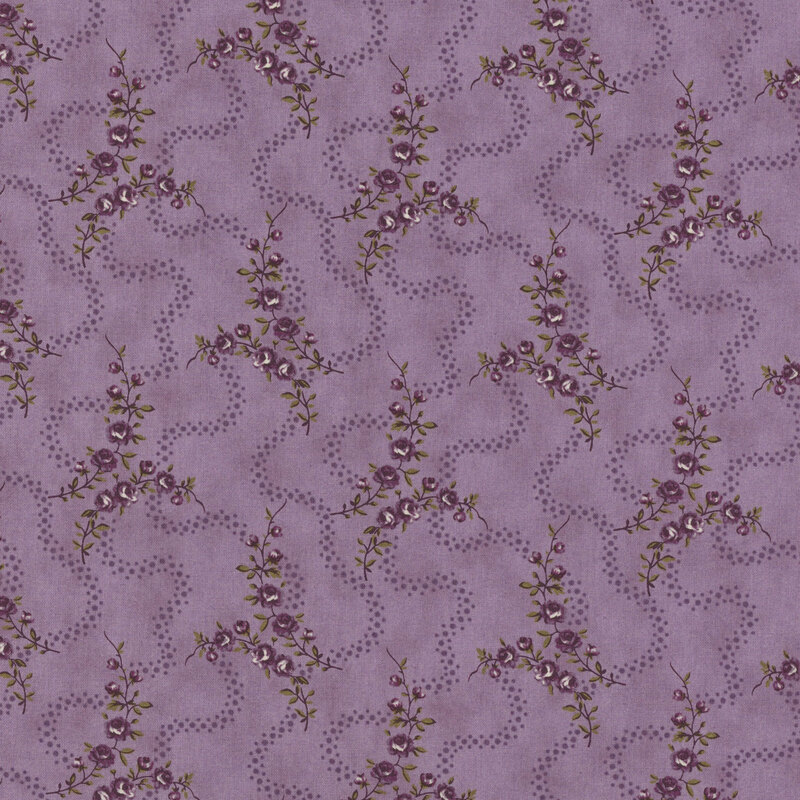Light purple fabric with thin purple floral vines and wavy tonal dotted lines.