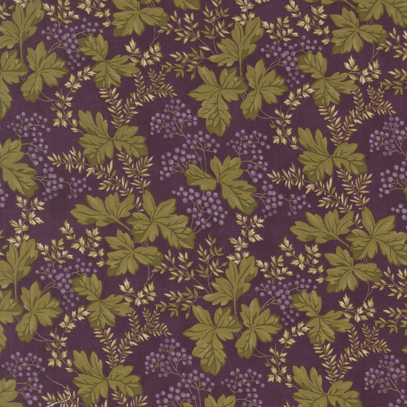 Plum purple fabric with large green leaves and small purple berries.