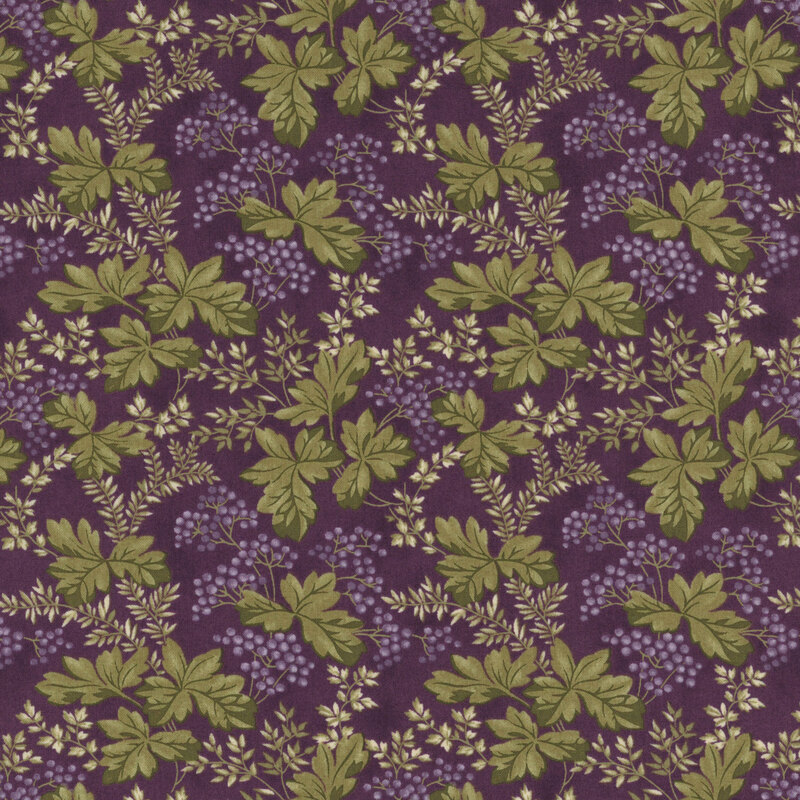 Plum purple fabric with large green leaves and small purple berries.