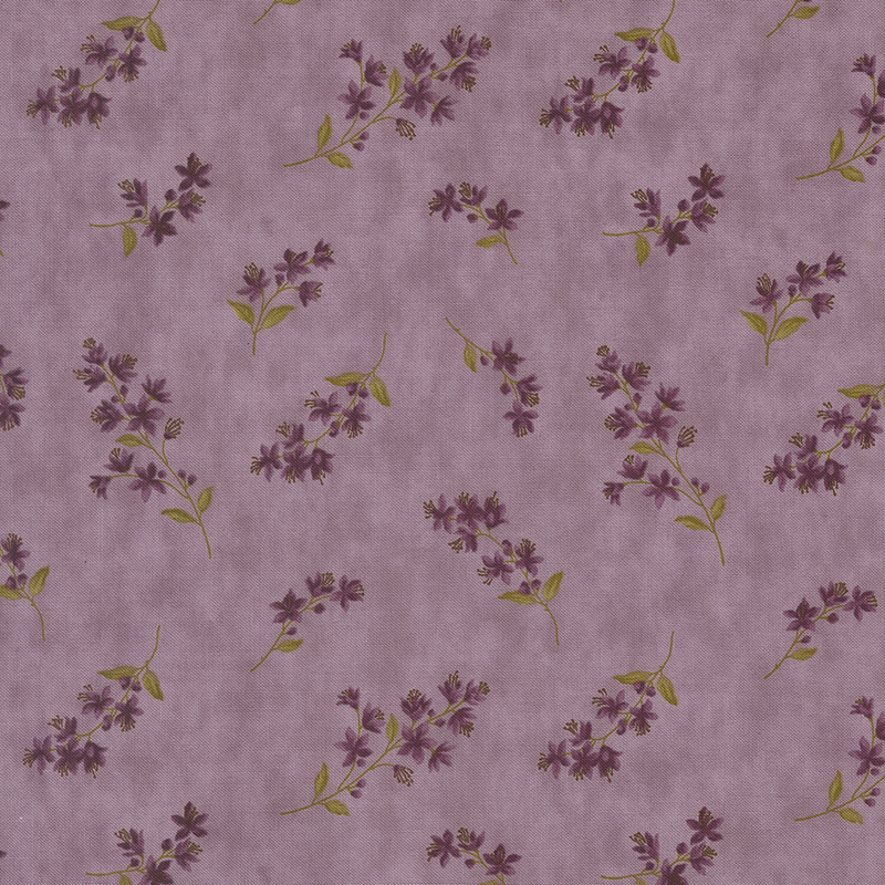 Light purple mottled fabric with tossed sprigs of violets.