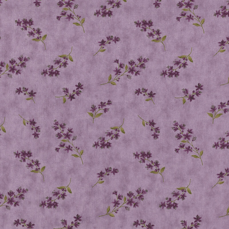 Light purple mottled fabric with tossed sprigs of violets.