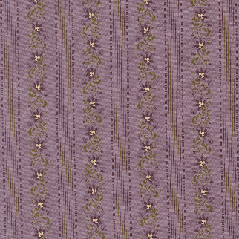 Light purple fabric with lines of thin purple and green stripes and violet flowers.