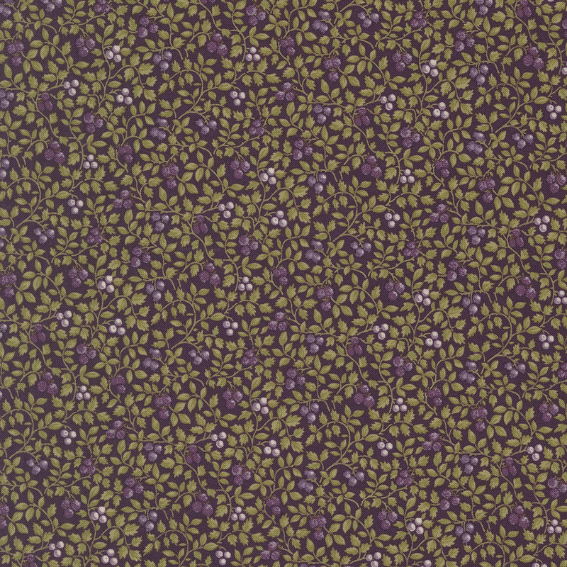 Plum purple fabric with a packed design of leaves and small purple berries.