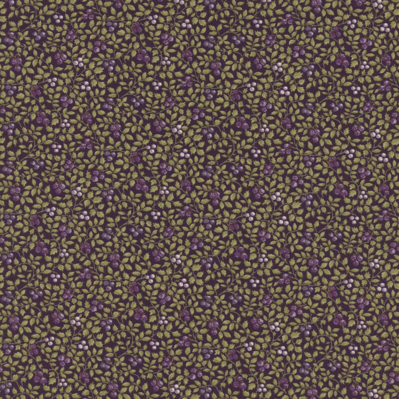 Plum purple fabric with a packed design of leaves and small purple berries.