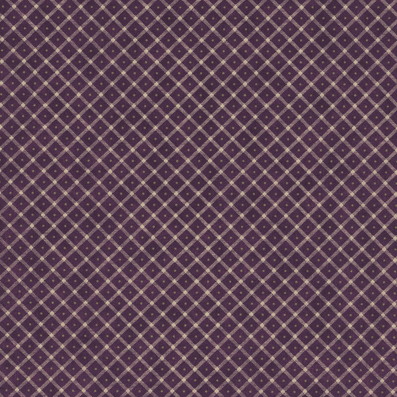 Plum purple fabric with a cream lattice design and green pinprick dots in the center of each.