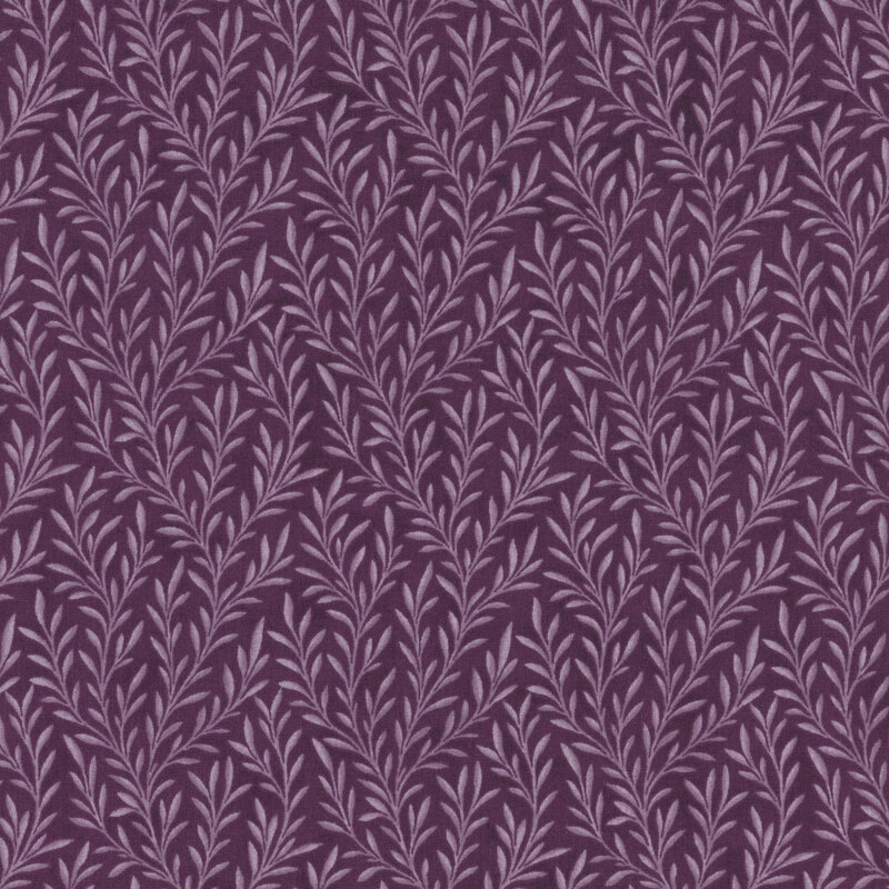 Plum purple fabric with sprawling purple leafy vines.