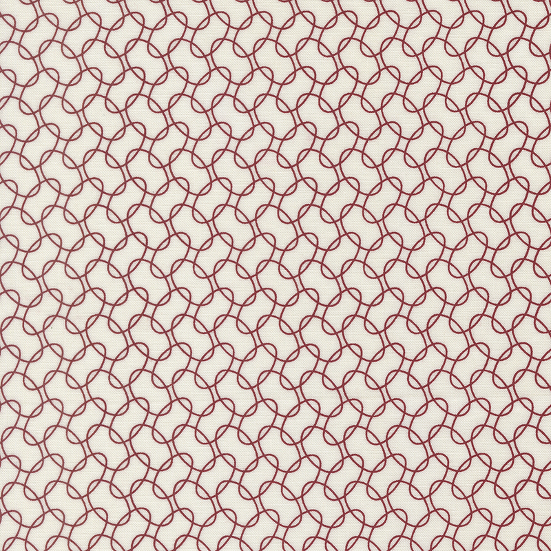Red and white geometric pattern with interlocking loop designs on a light fabric.