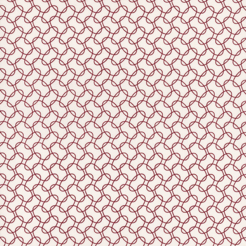 Red and white geometric pattern with interlocking loop designs on a light fabric.