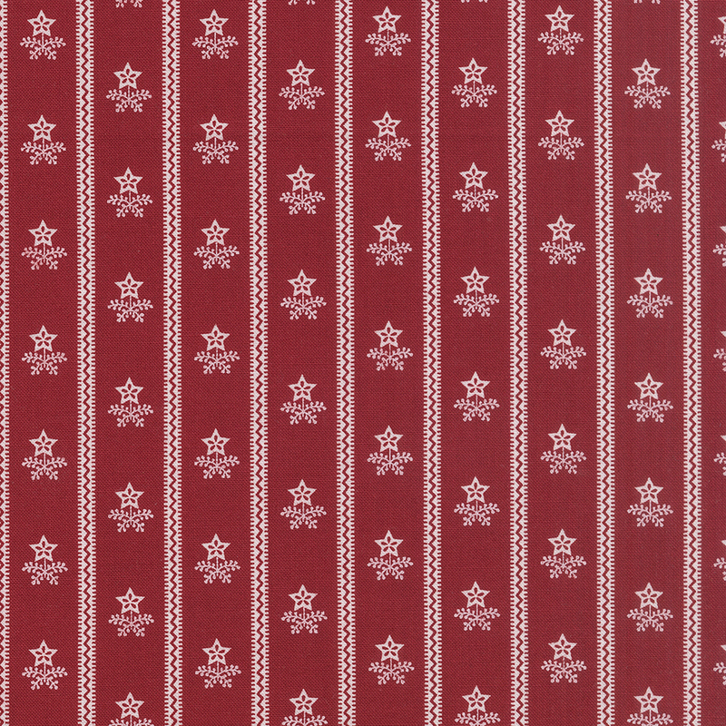 Red fabric with vertical stripes featuring white star patterns and decorative borders.