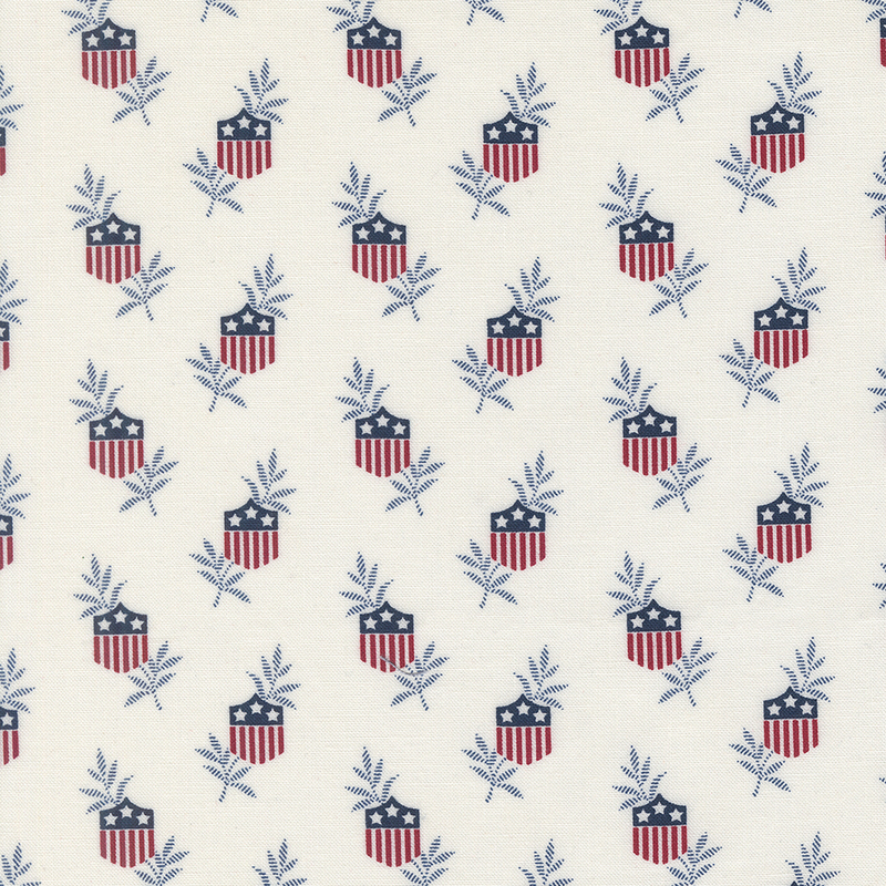 Repeating fabric pattern featuring stylized shields with red stripes and olive branches.