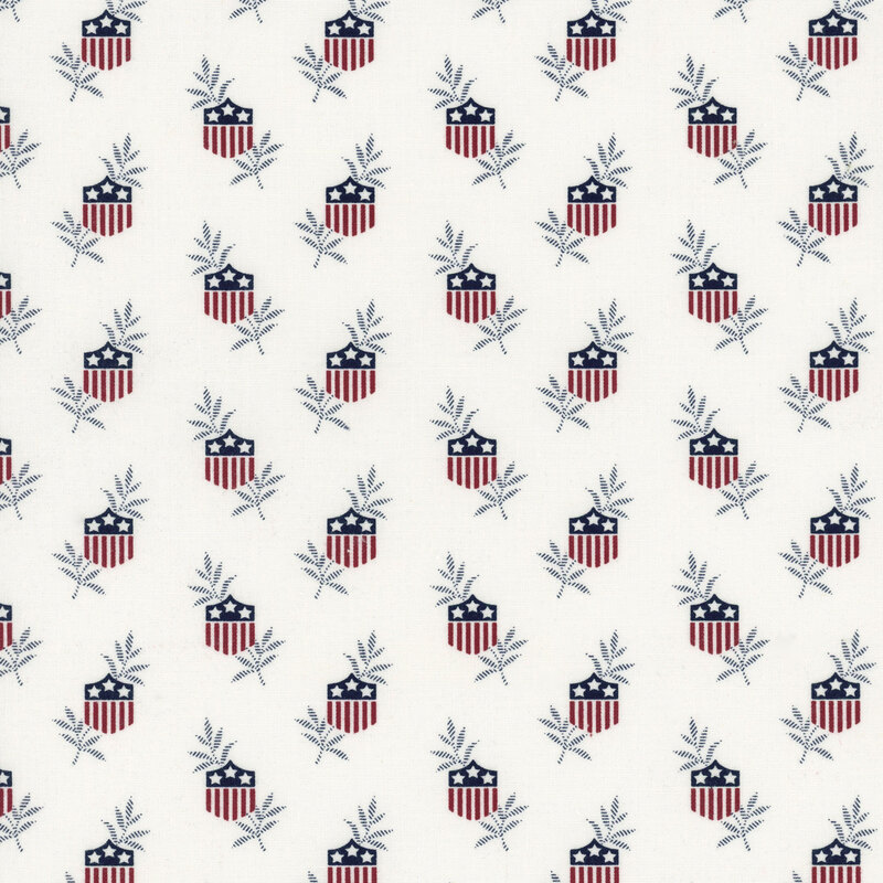 Repeating fabric pattern featuring stylized shields with red stripes and olive branches.
