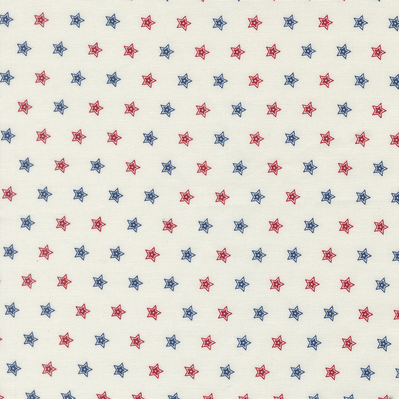 Repeating pattern of red and blue stars on a light cream background.