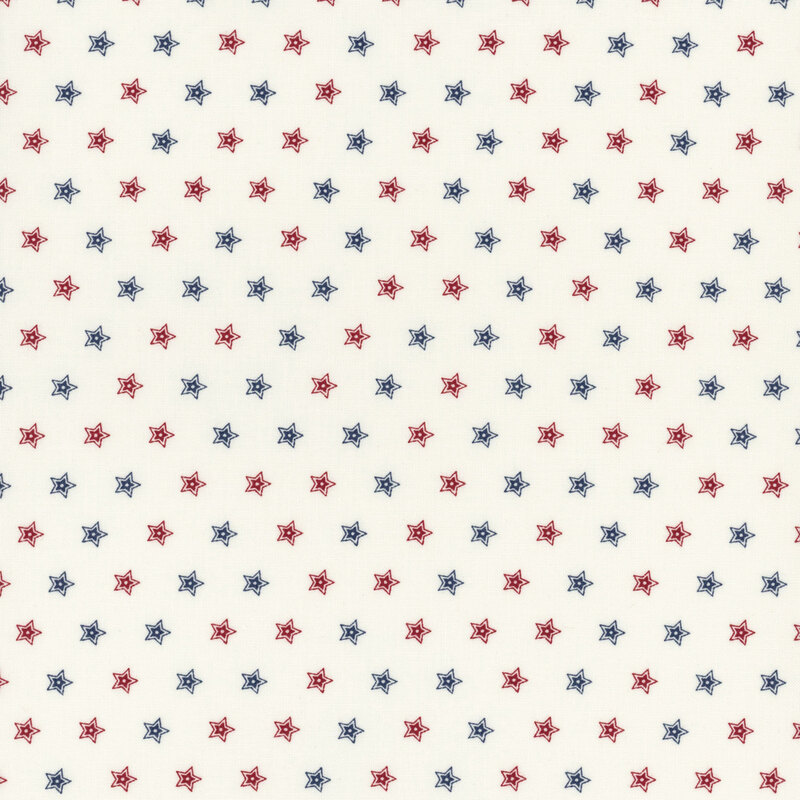 Repeating pattern of red and blue stars on a light cream background.