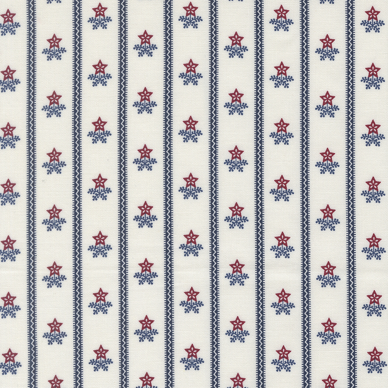 Fabric pattern featuring vertical stripes with red stars and blue floral motifs on a cream background.