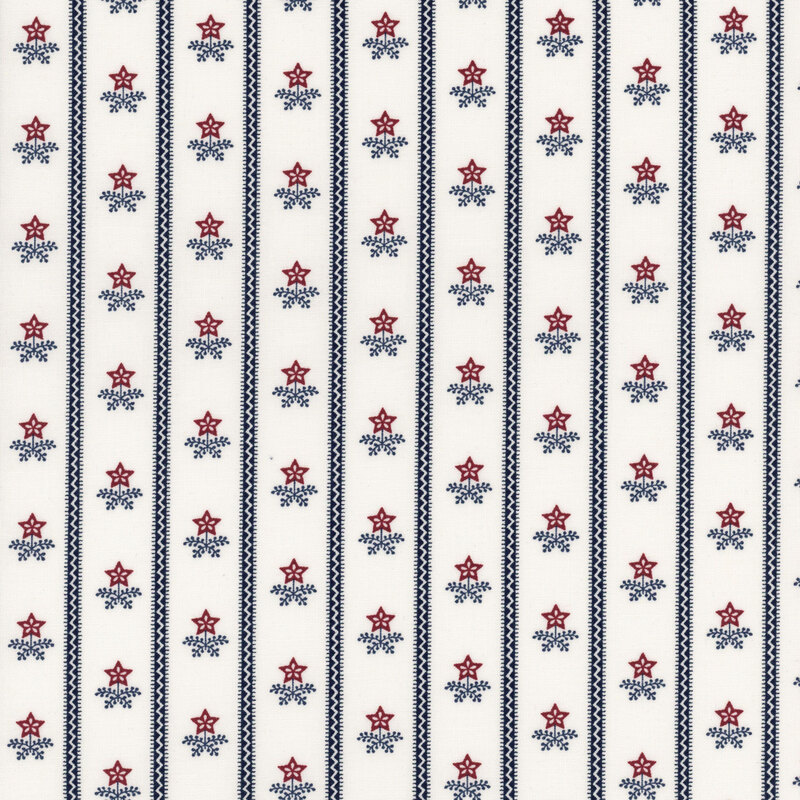Fabric pattern featuring vertical stripes with red stars and blue floral motifs on a cream background.