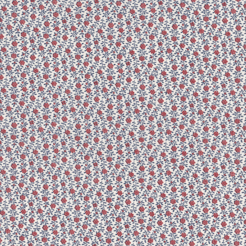 A repeating pattern of small red and blue flowers on a light background.