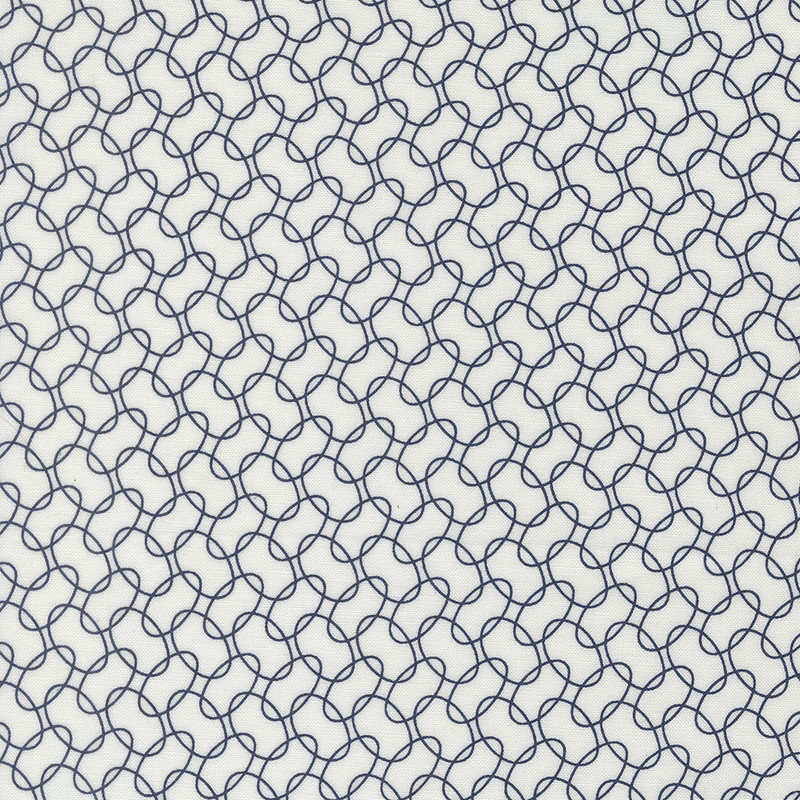 Repeating geometric pattern of interlocking navy blue loops on a white fabric.