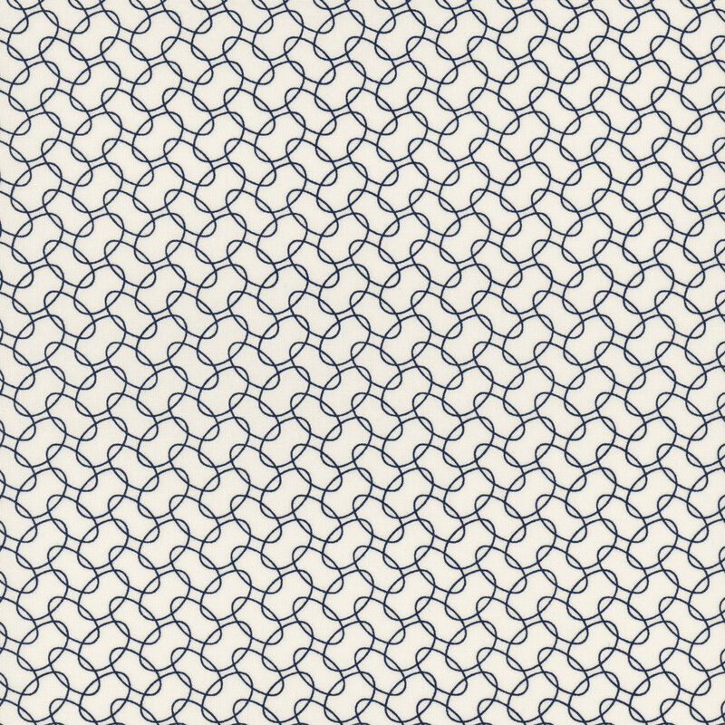 Repeating geometric pattern of interlocking navy blue loops on a white fabric.
