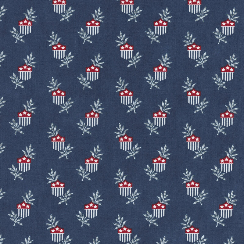 Patterned fabric featuring red and white striped cups with stars, surrounded by green leaves on a navy background.