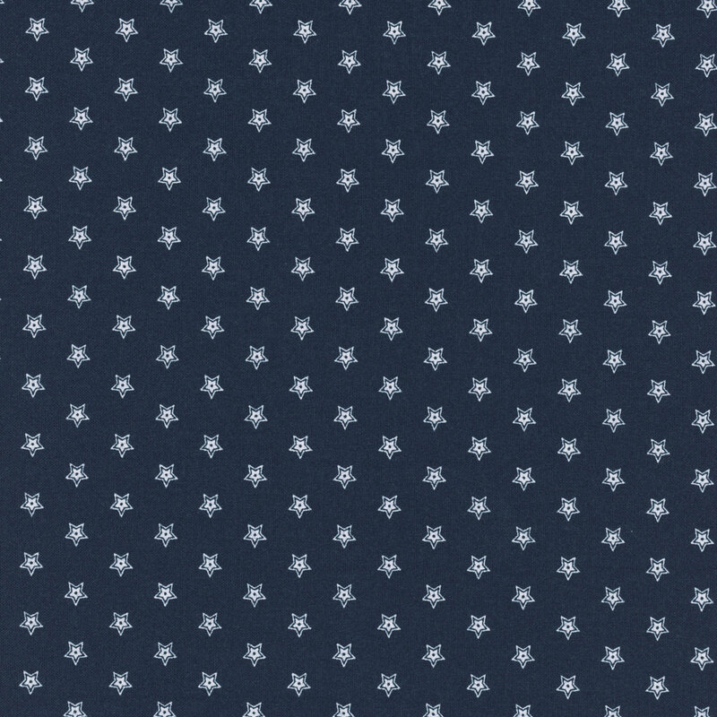 A dark blue fabric pattern featuring white star shapes arranged in a uniform grid.