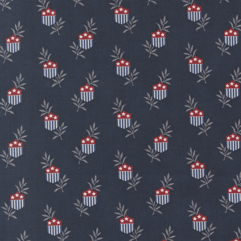 Repeating pattern of stylized red, white, and blue cups with stars and olive branches on a dark background.