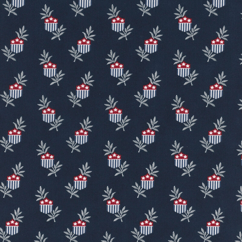 Repeating pattern of stylized red, white, and blue cups with stars and olive branches on a dark background.