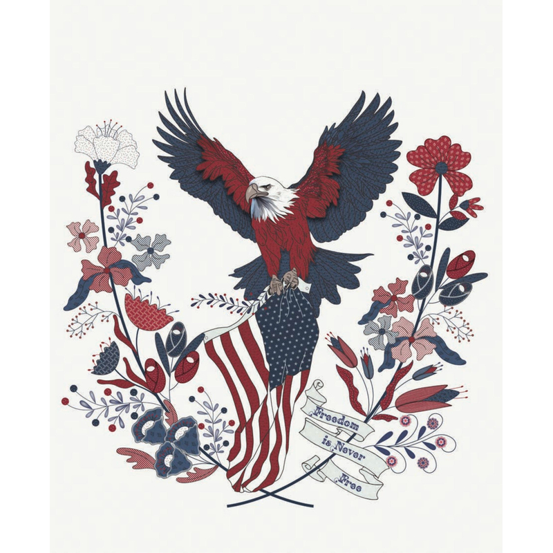 An illustrated bald eagle with flowers, holding an American flag, featuring the text freedom is never free.