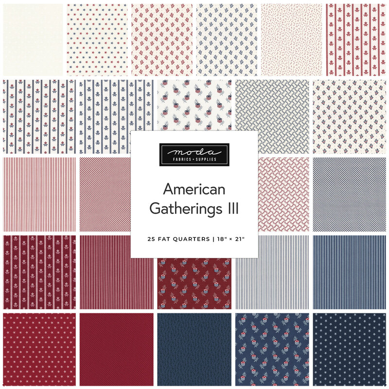 A collection of 25 quilting fabric patterns in red, white, and blue, titled American Gatherings III.