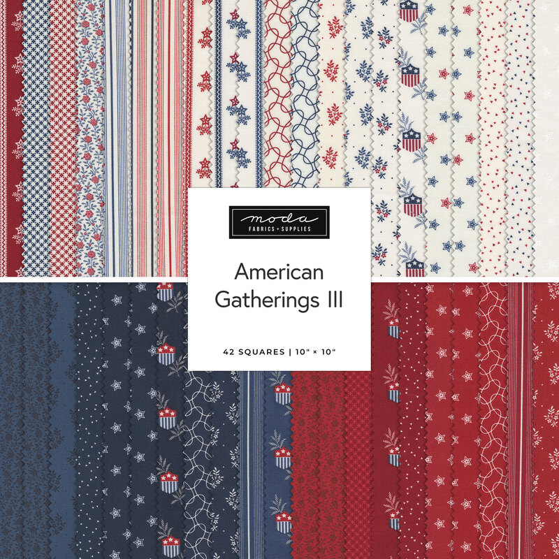 A collection of fabric squares in red, white, and blue patterns labeled American Gatherings III.