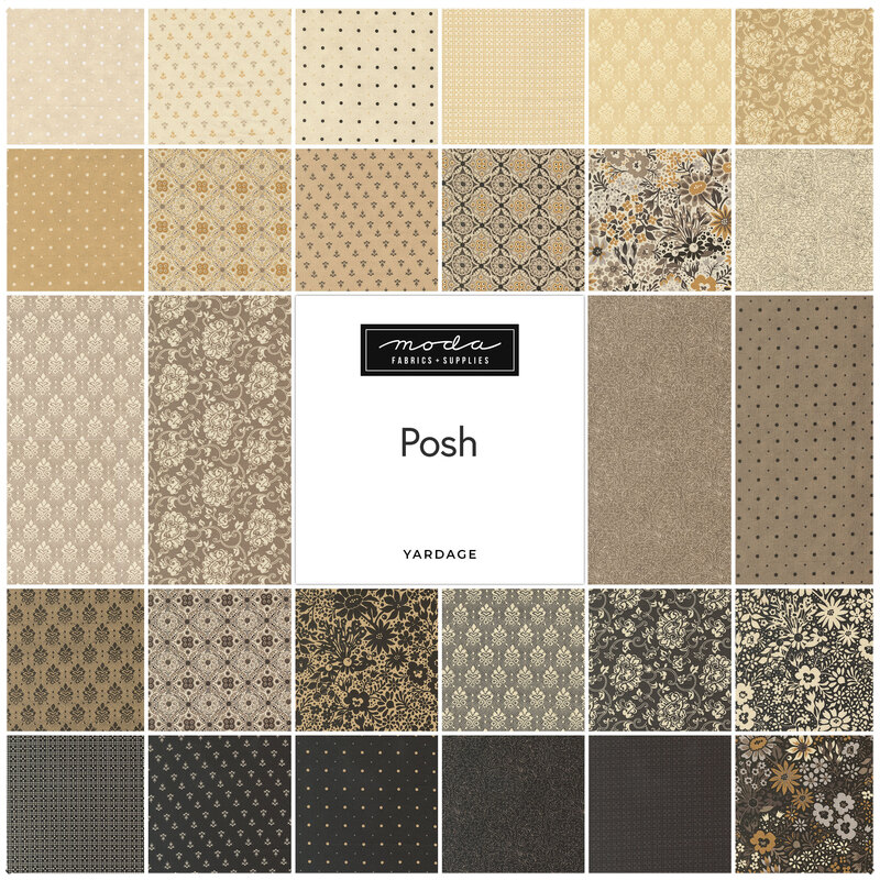 Grid collage of all the cream, brown, tan, gray, and black fabrics featured in the Posh collection by Moda Fabrics.