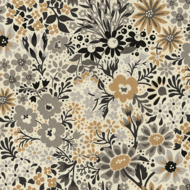 Cream fabric with a dense pattern of stylized florals in tonal gray, ocher, and espresso.