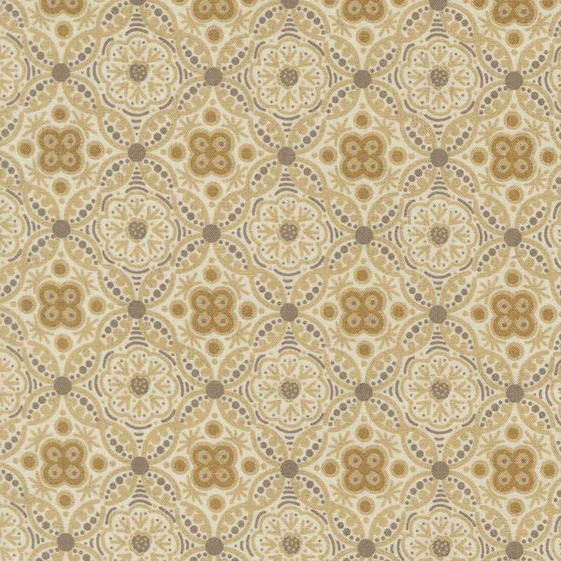 An intricate tiled and ornamental pattern in tonal cream, greige, and ocher.