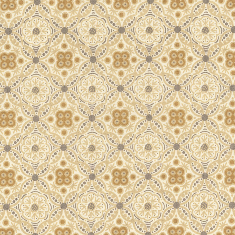An intricate tiled and ornamental pattern in tonal cream, greige, and ocher.