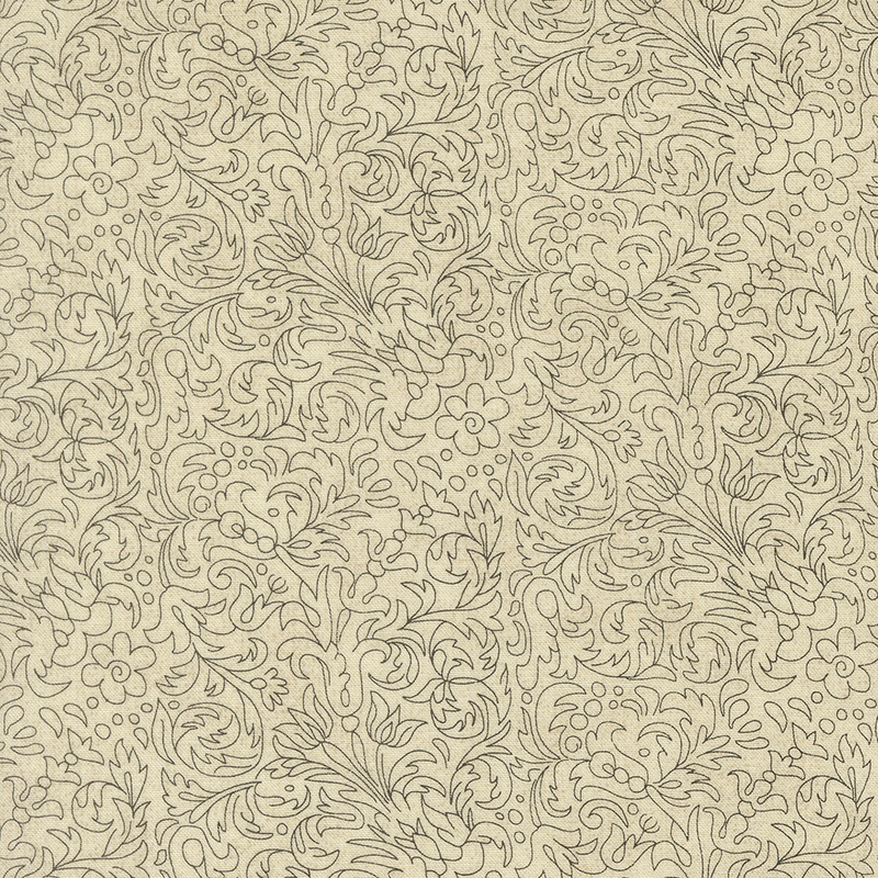 Cream fabric with a thin-lined floral scrolling design in black.