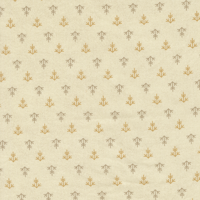 A cream fabric with a uniform pattern of tonal greige and ocher line shapes.
