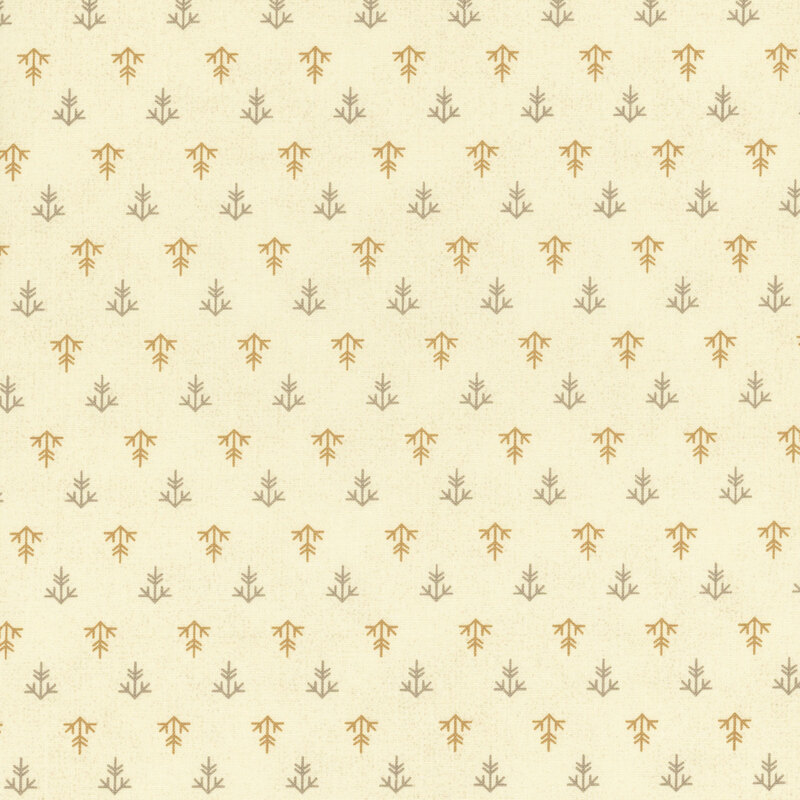 A cream fabric with a uniform pattern of tonal greige and ocher line shapes.