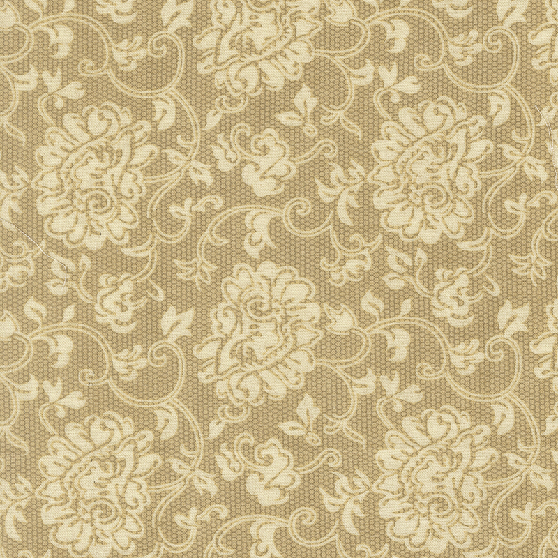Dainty floral lace pattern in cream on a tonal cream and gray halftone background.