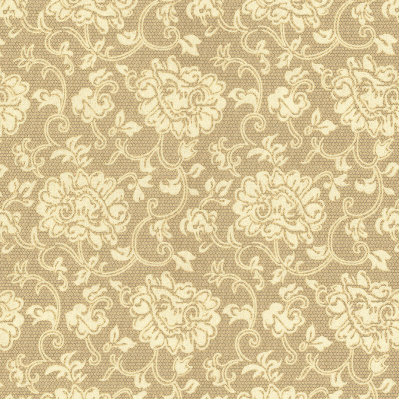 Dainty floral lace pattern in cream on a tonal cream and gray halftone background.