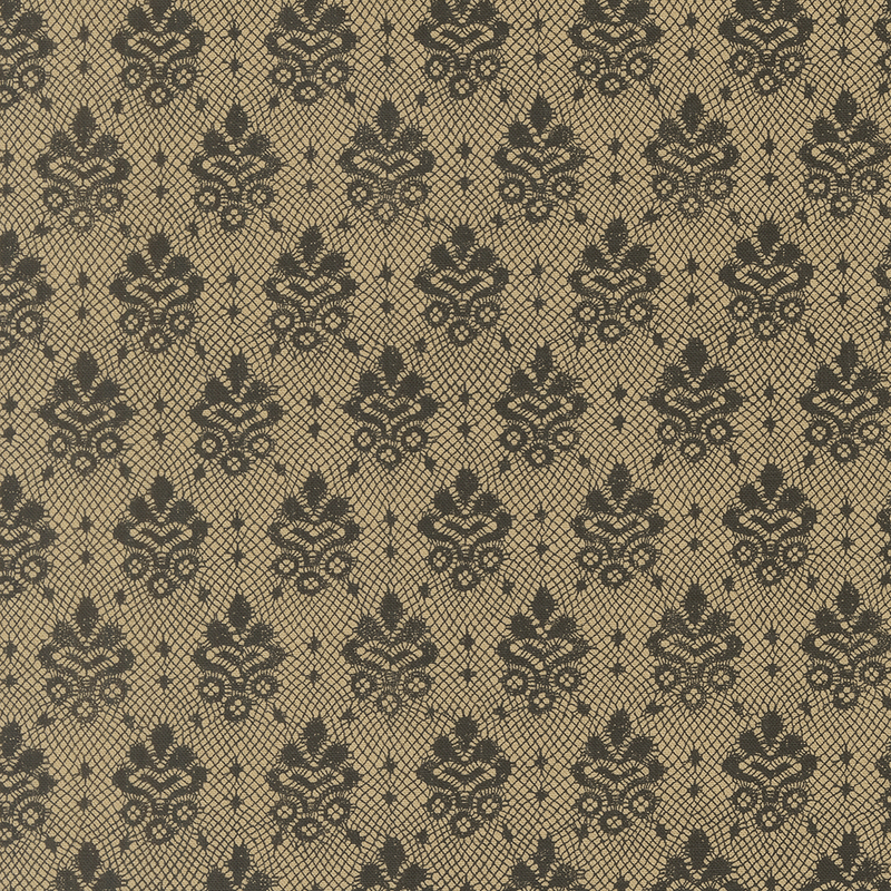 A black lace pattern on a light brown background.