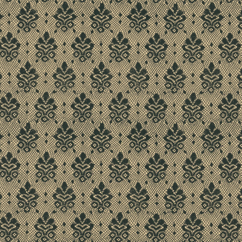 A black lace pattern on a light brown background.