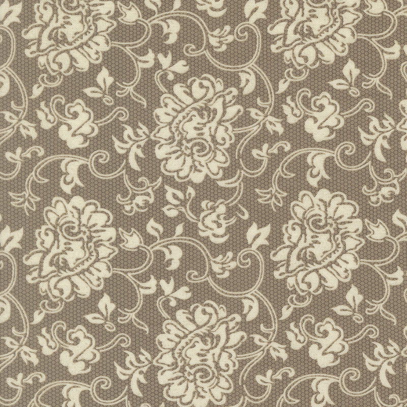 Dainty floral lace pattern in cream on a tonal gray and dark gray halftone background.