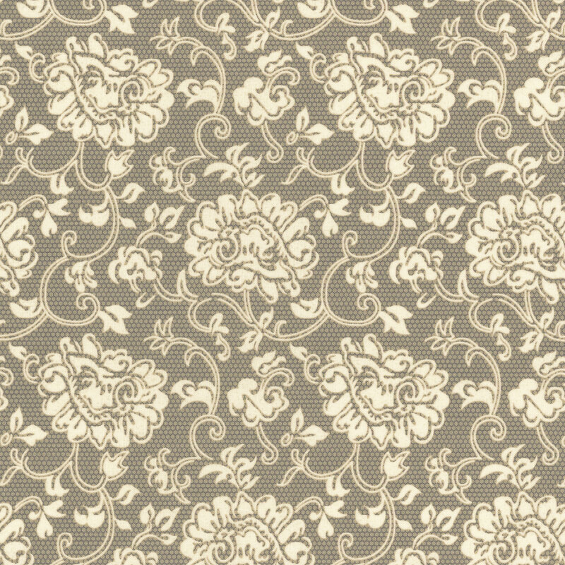 Dainty floral lace pattern in cream on a tonal gray and dark gray halftone background.
