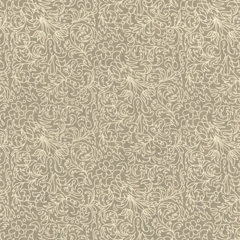 Gray fabric with a thin-lined floral scrolling design in cream.