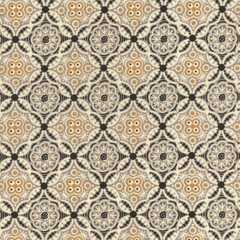 An intricate tiled and ornamental pattern in black, cream, greige, and ocher.